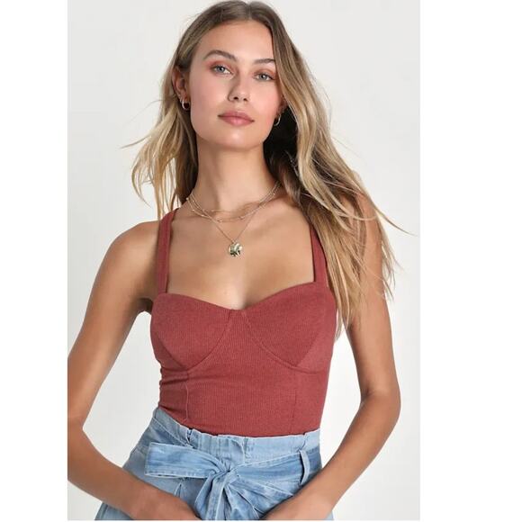 Lulus Bodysuit Medium Dusty Rose Pink Ribbed One Piece Cross Back Sleeveless - Picture 1 of 16